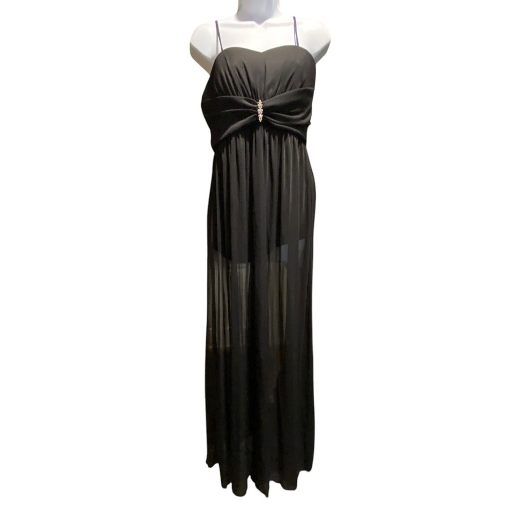 Onyx Nite Black Spaghetti Strap Gown Embellished Waist Detail Size 8 Babydoll